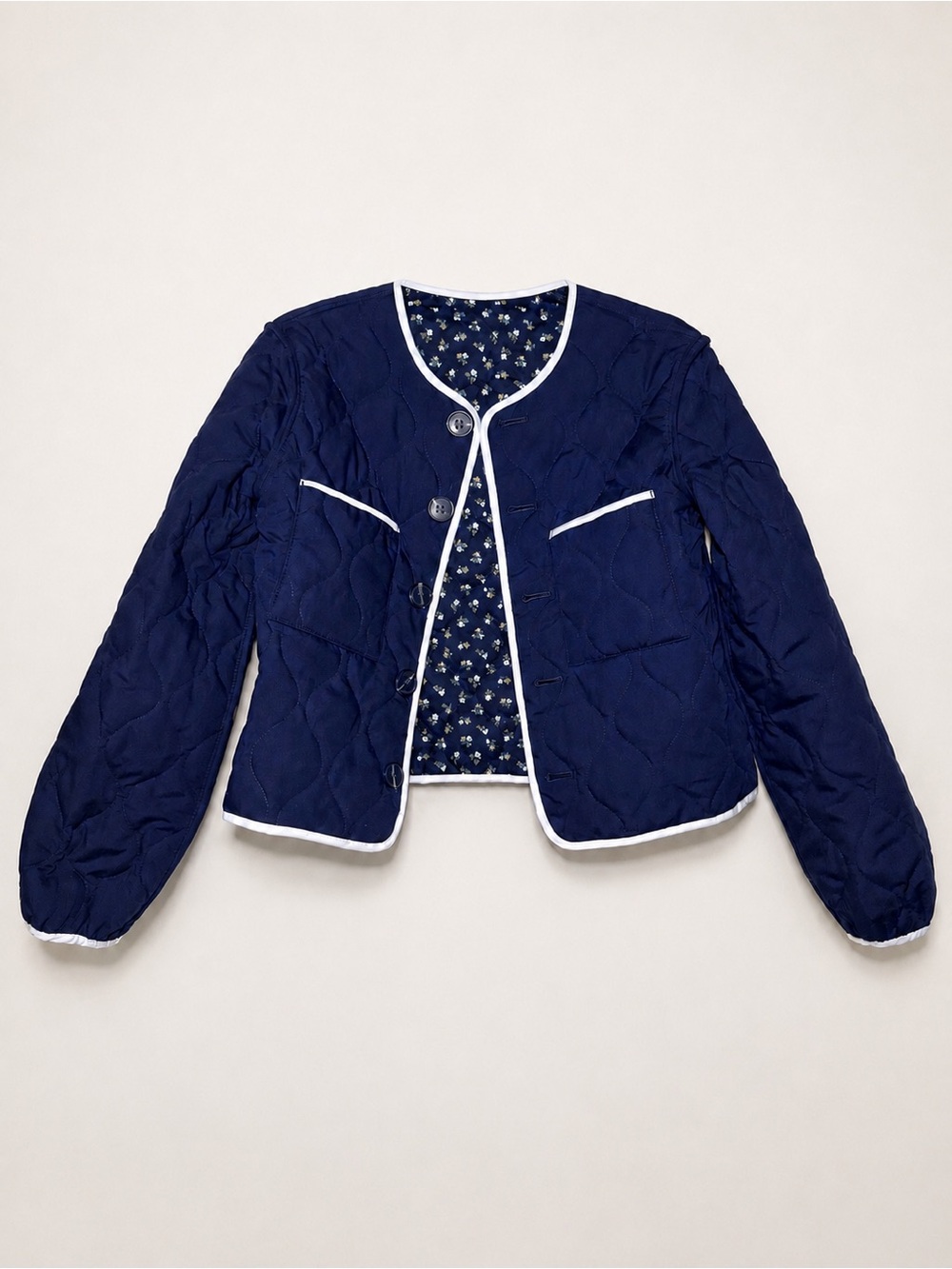 Joie Navy | Floral Reversible Quilted Oversized Jacket | Small